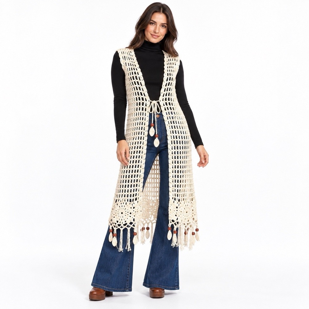 Boho Y2k Western Sheer Crochet Long Vest Duster L Chunky Tassel Beaded Layering